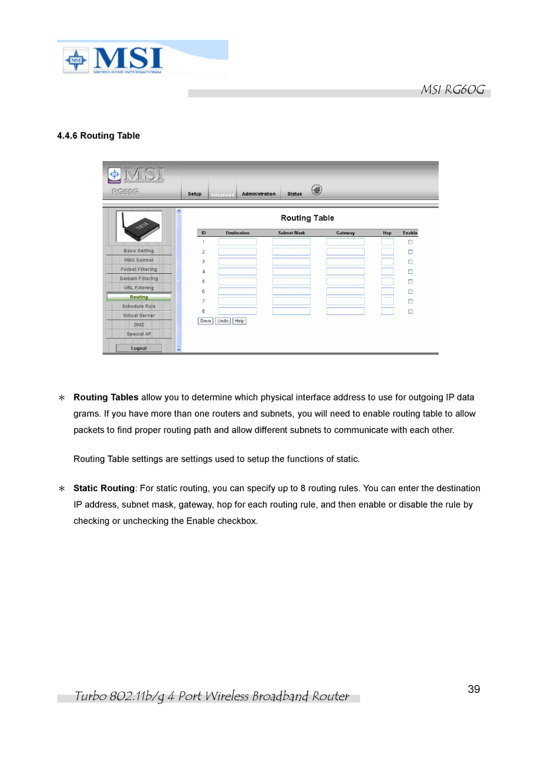 MSI RG60G manual Routing Table 