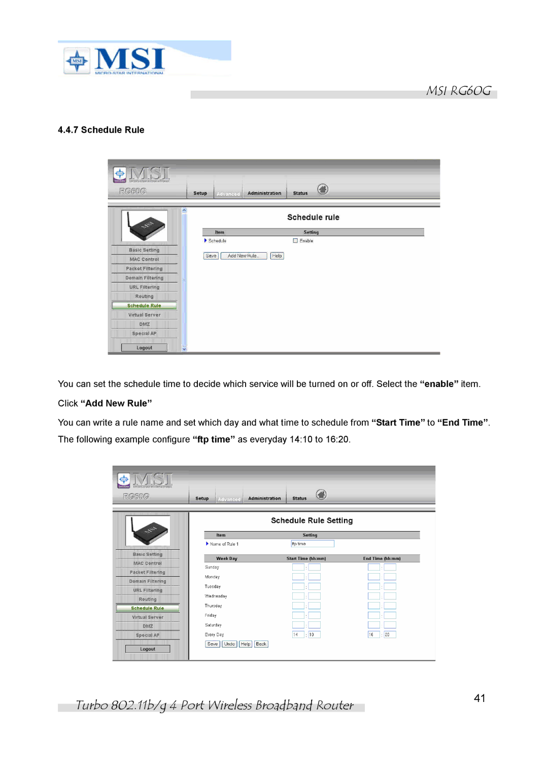 MSI RG60G manual Schedule Rule, Click Add New Rule 