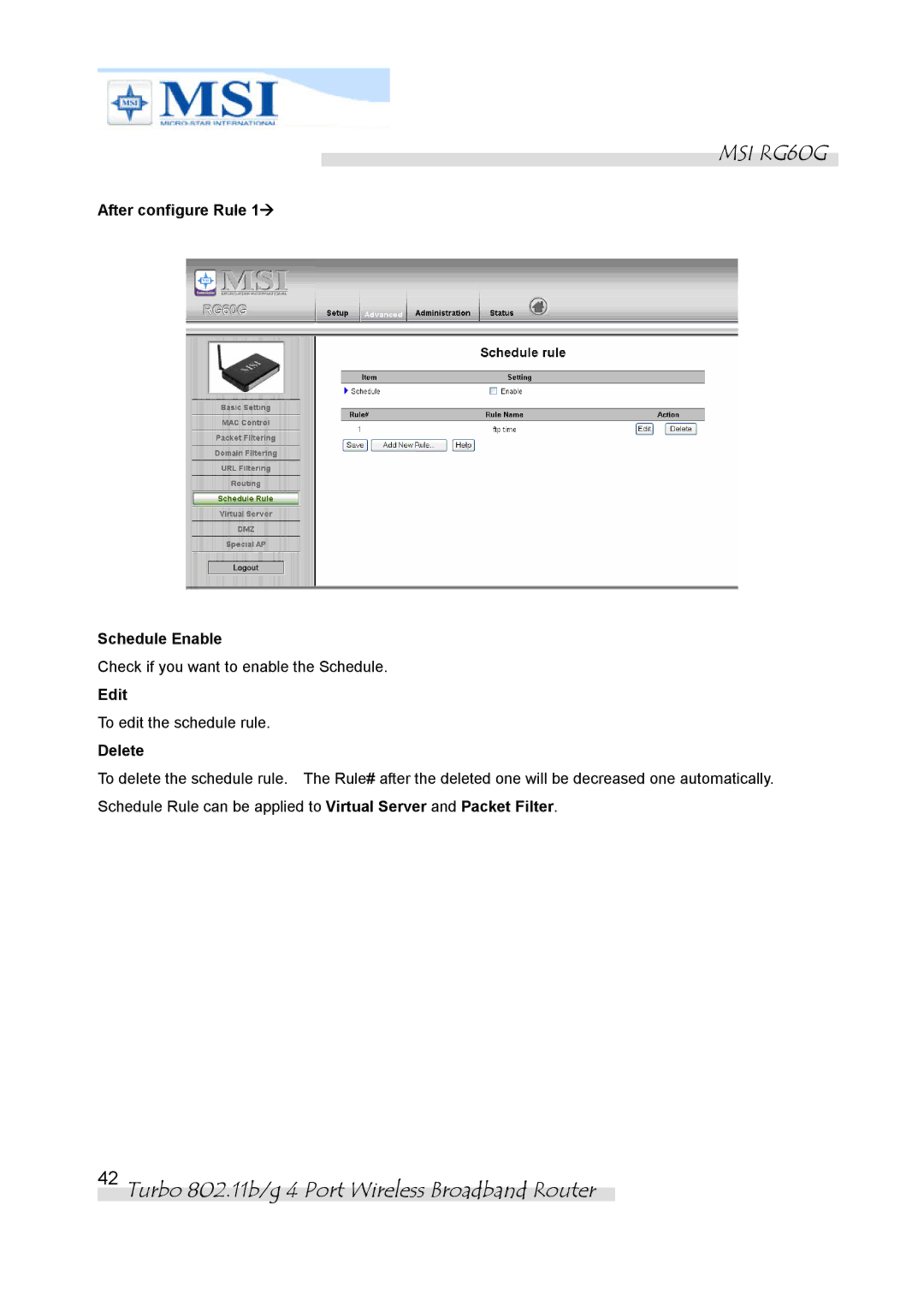 MSI RG60G manual After configure Rule 1à Schedule Enable, Edit, Delete 