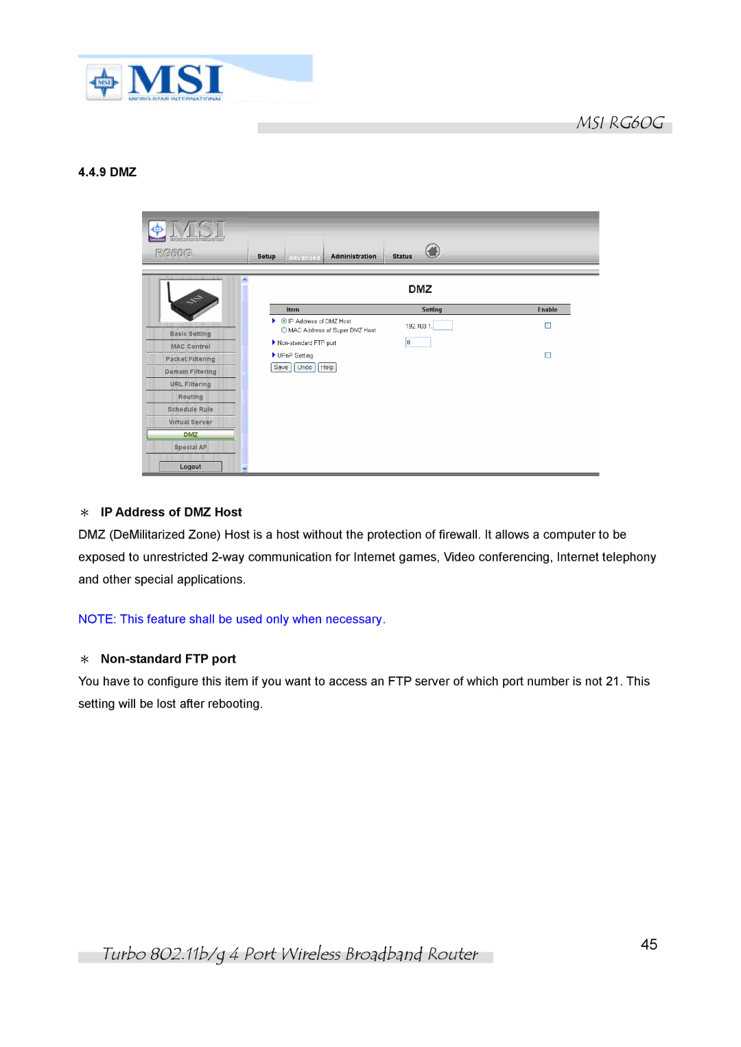 MSI RG60G manual DMZ ＊ IP Address of DMZ Host, ＊ Non-standard FTP port 