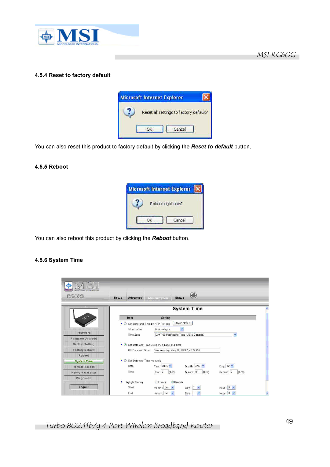 MSI RG60G manual Reset to factory default, Reboot, System Time 