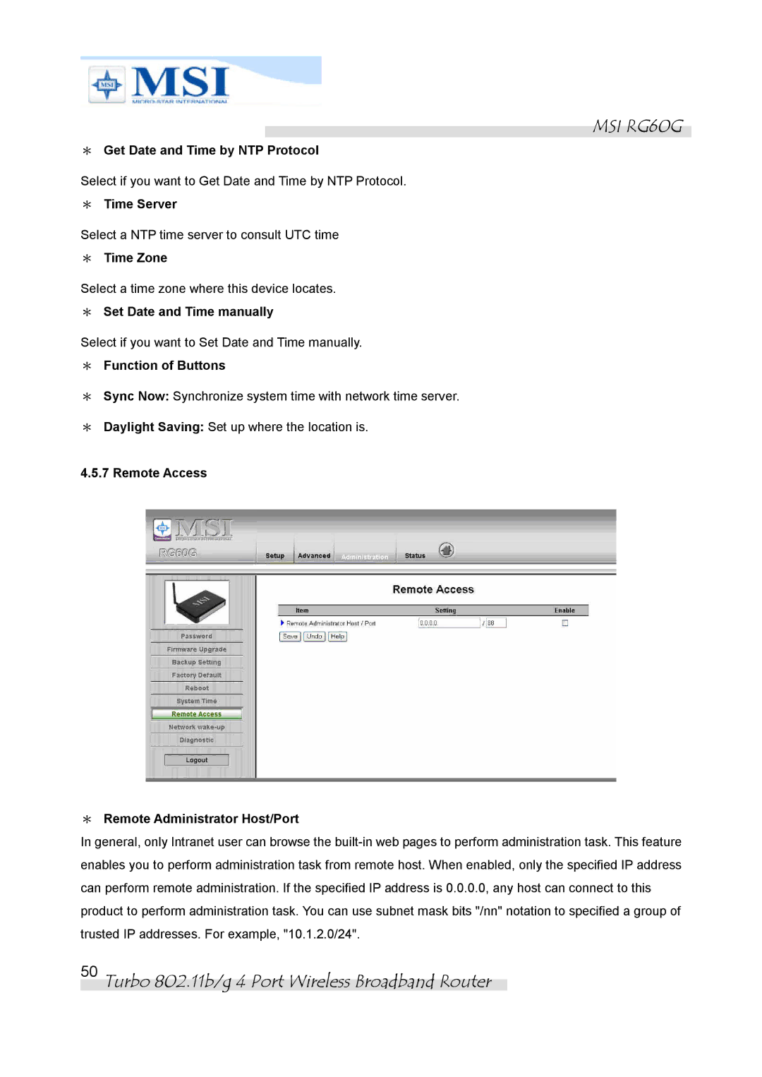 MSI RG60G ＊ Get Date and Time by NTP Protocol, ＊ Time Server, ＊ Time Zone, ＊ Set Date and Time manually 