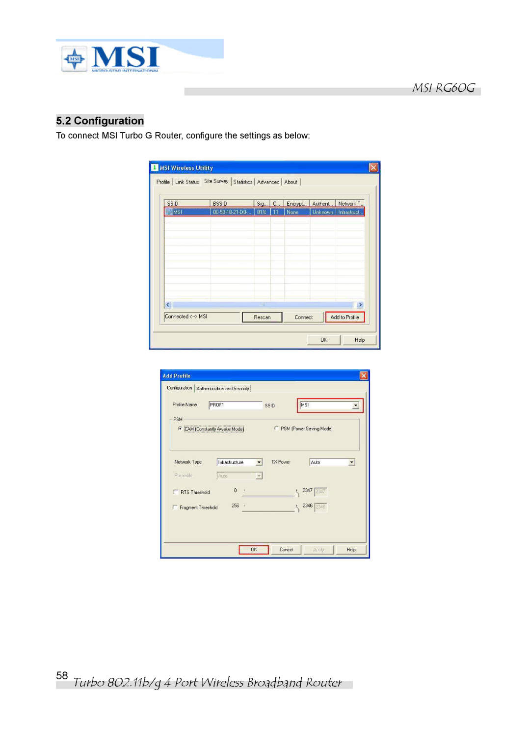 MSI RG60G manual Configuration 