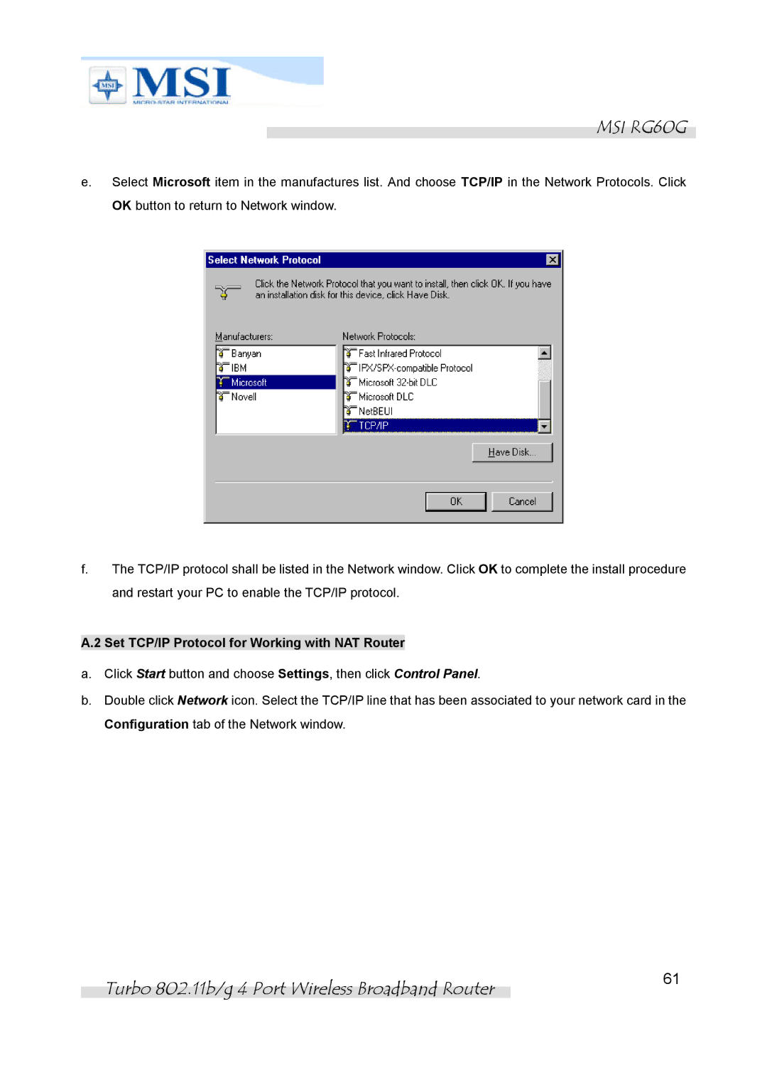 MSI RG60G manual Set TCP/IP Protocol for Working with NAT Router 