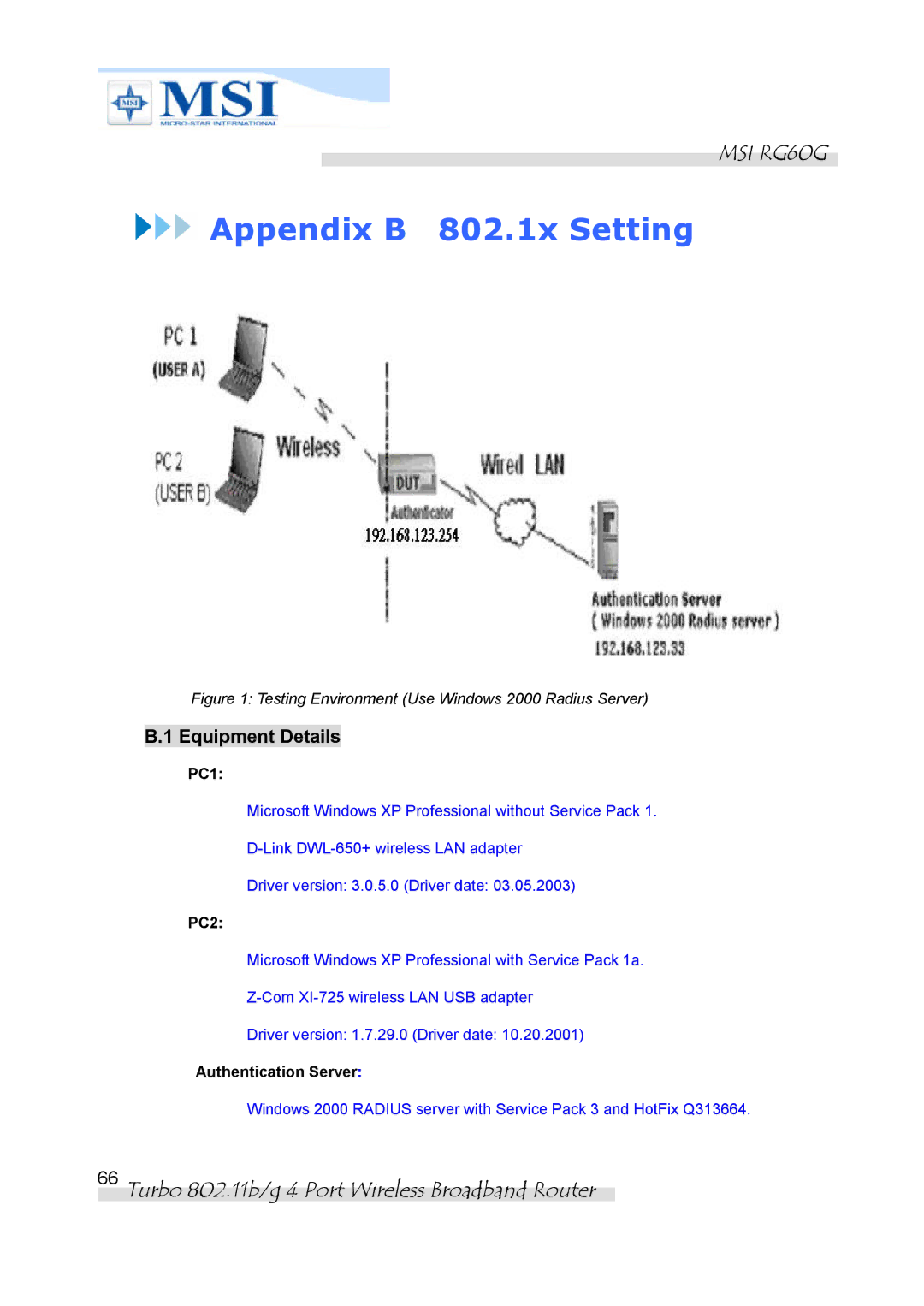 MSI RG60G manual Equipment Details, PC1, PC2, Authentication Server 