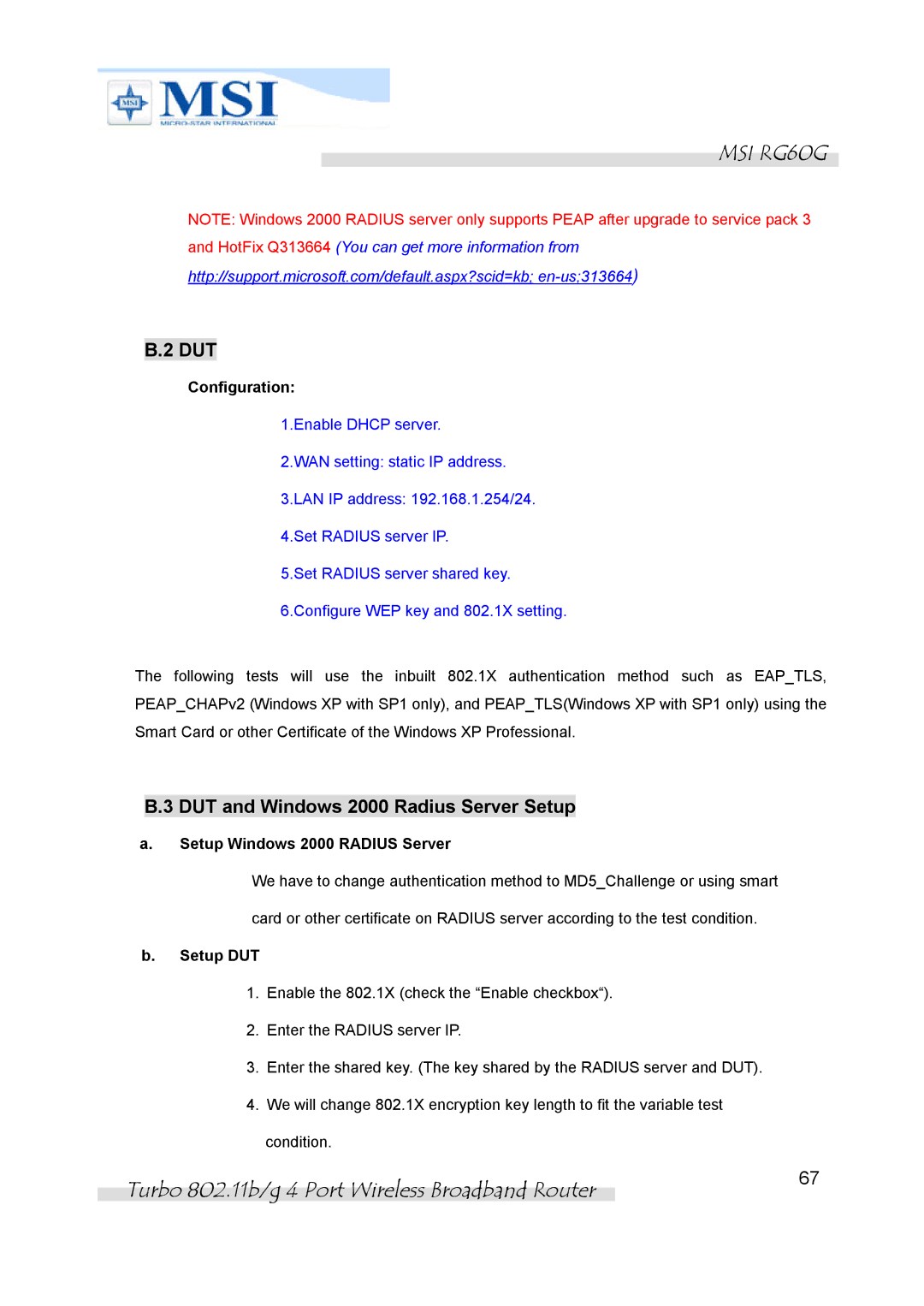 MSI RG60G manual DUT and Windows 2000 Radius Server Setup, Configuration, Setup Windows 2000 Radius Server, Setup DUT 