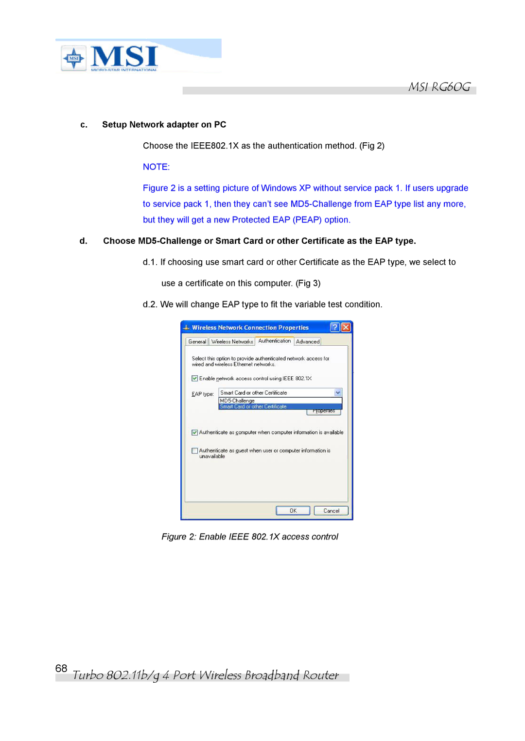 MSI RG60G manual Setup Network adapter on PC, Enable Ieee 802.1X access control 