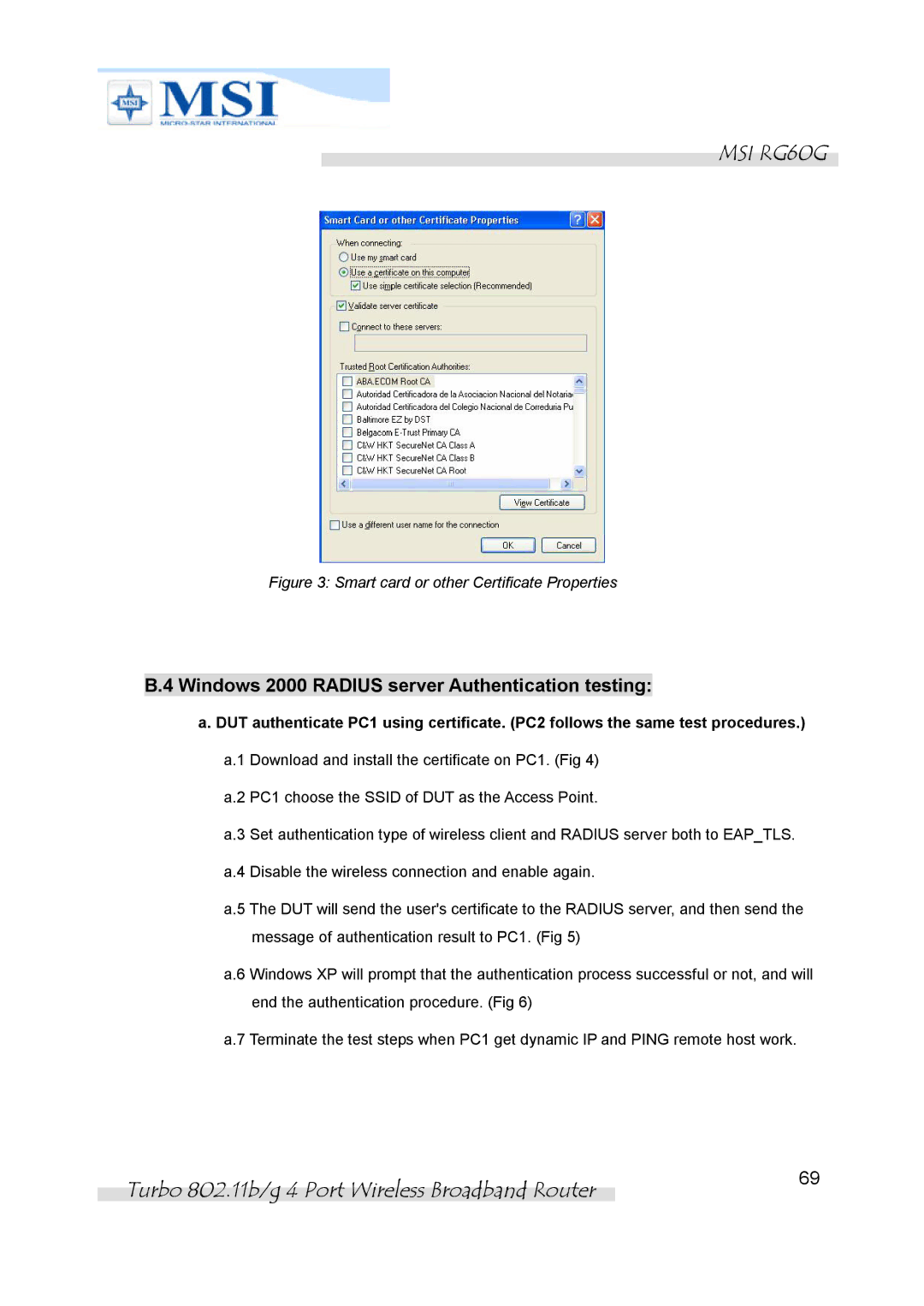 MSI RG60G manual Windows 2000 Radius server Authentication testing, Smart card or other Certificate Properties 