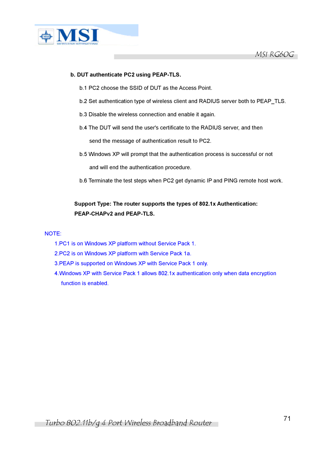 MSI RG60G manual DUT authenticate PC2 using PEAP-TLS 