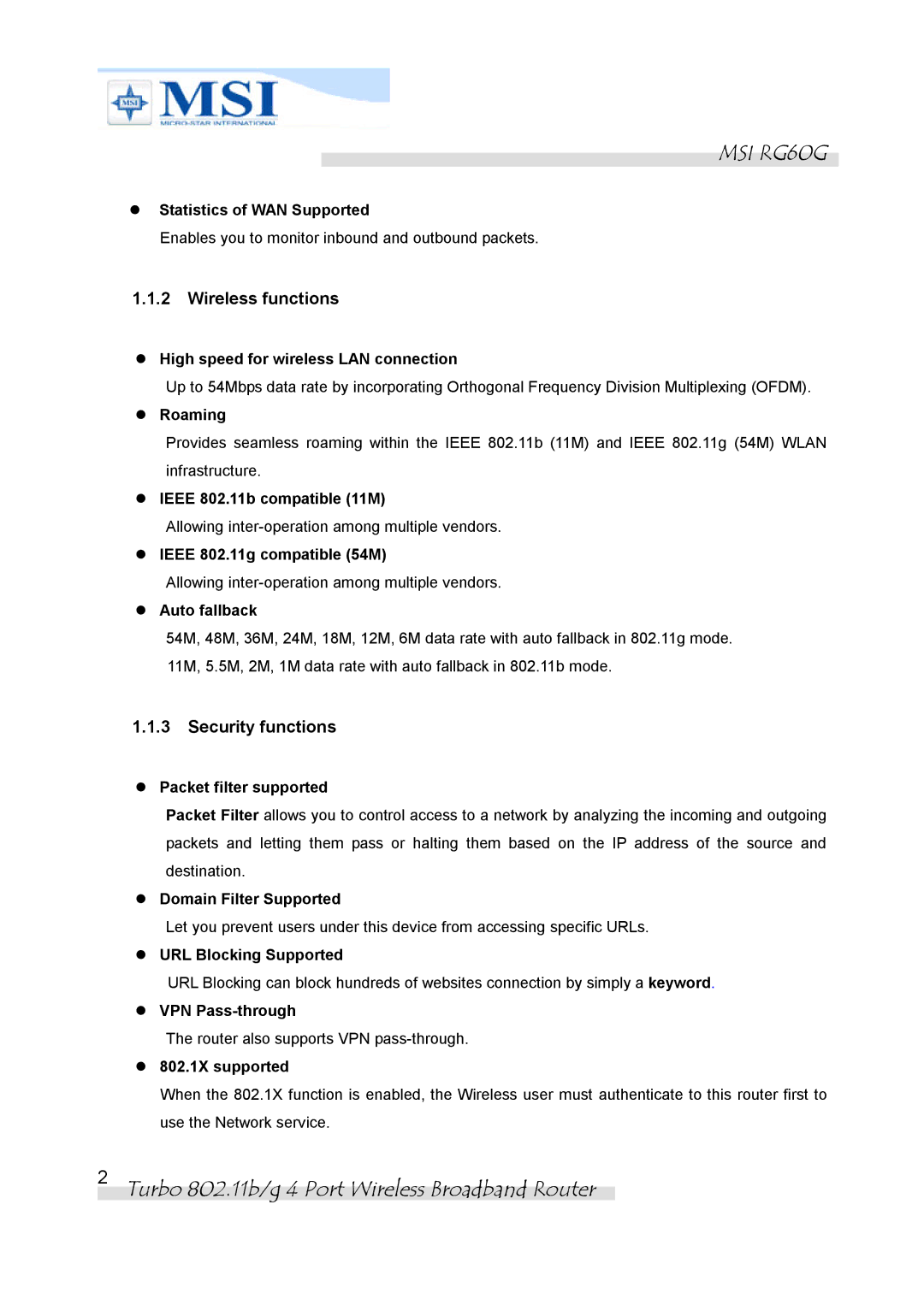 MSI RG60G manual Statistics of WAN Supported, High speed for wireless LAN connection, Roaming, Ieee 802.11b compatible 11M 