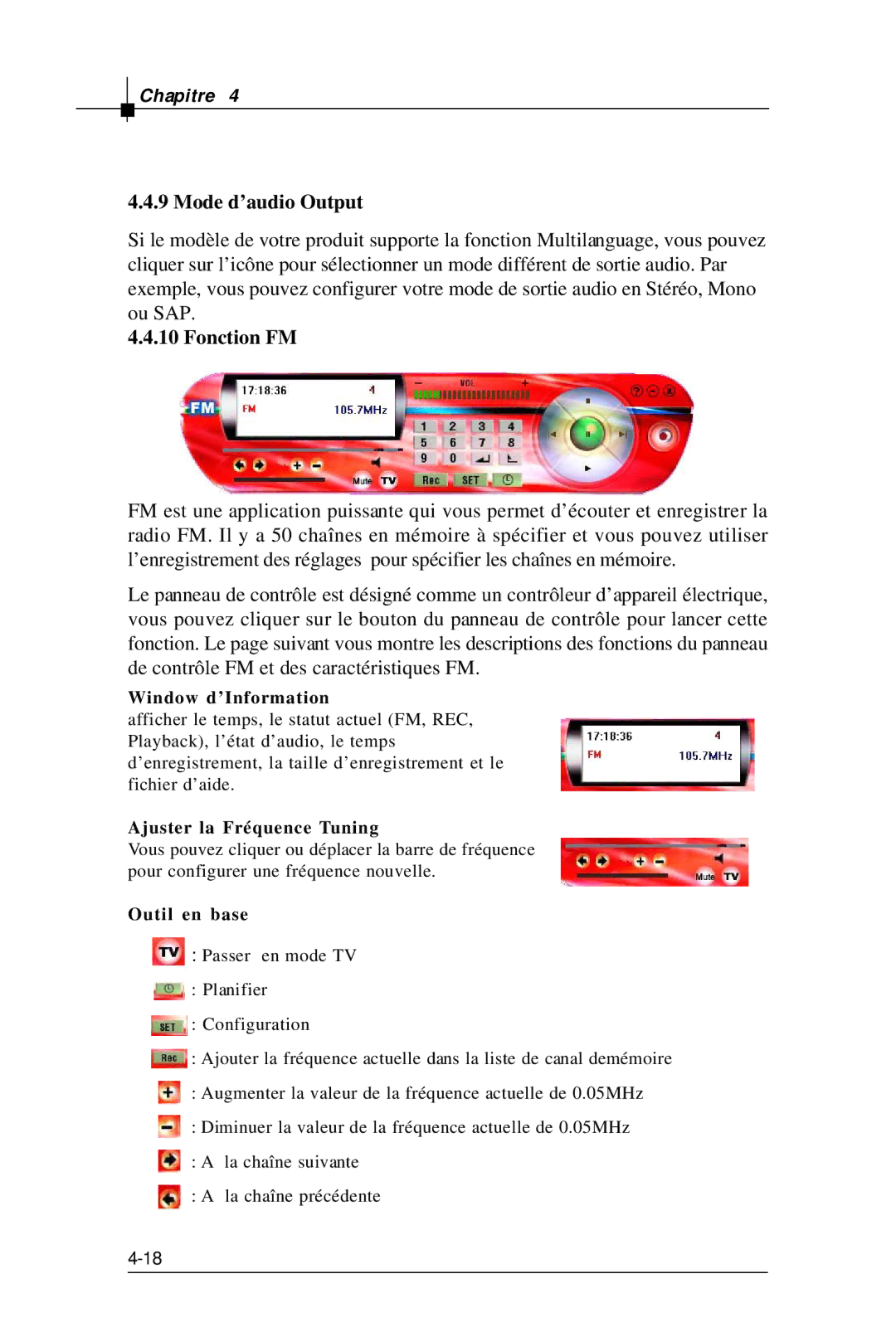 MSI TV@nywhere Plus Mode d’audio Output, Fonction FM, Window d’Information, Ajuster la Fréquence Tuning, Outil en base 