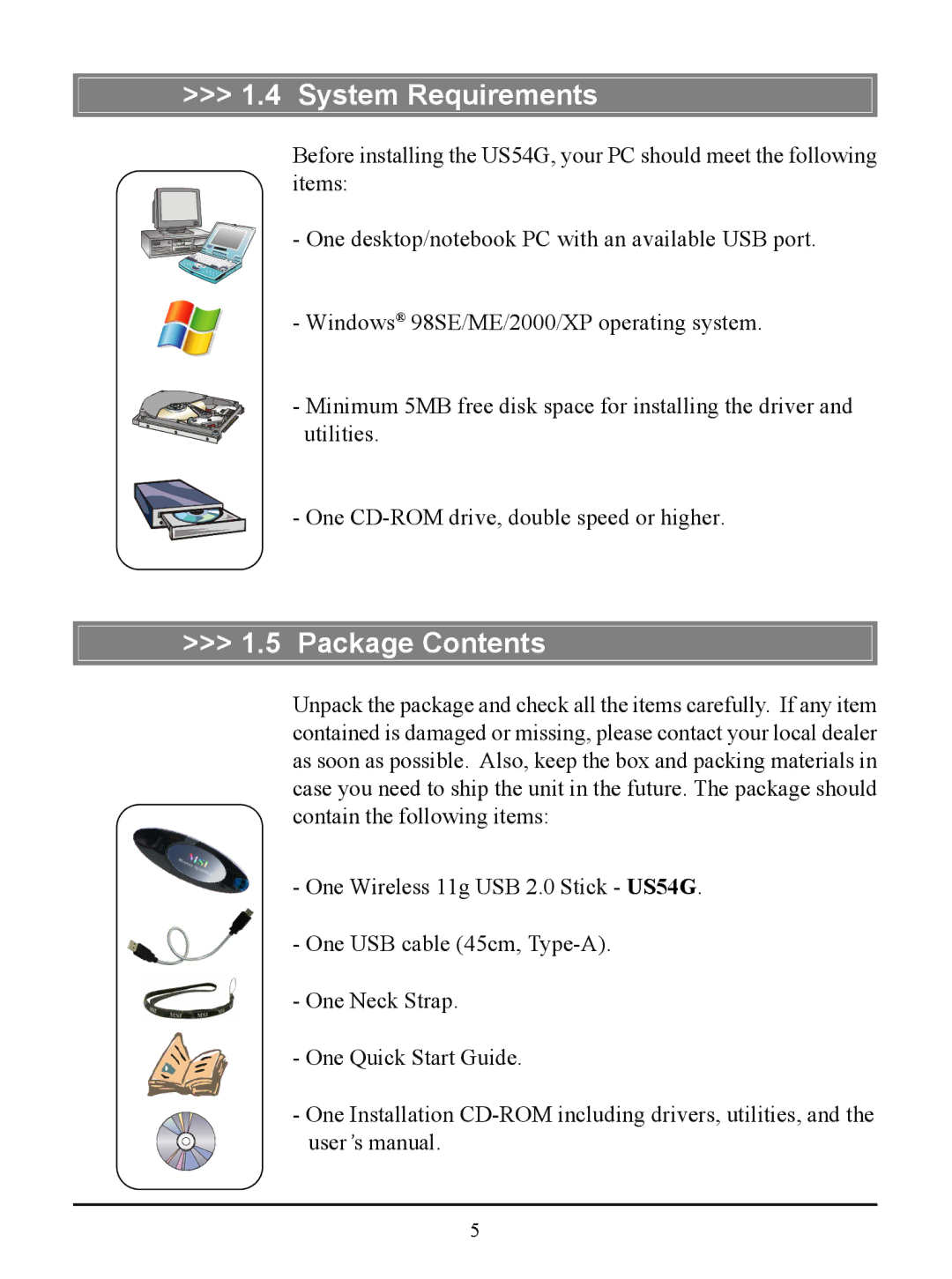 MSI US54G manual System Requirements, Package Contents 