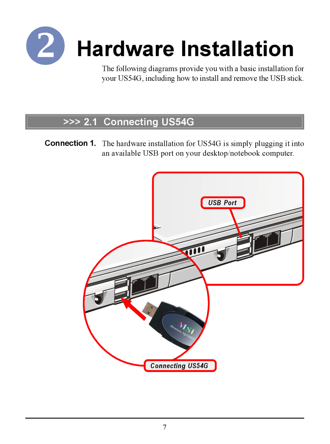 MSI manual Hardware Installation, Connecting US54G 