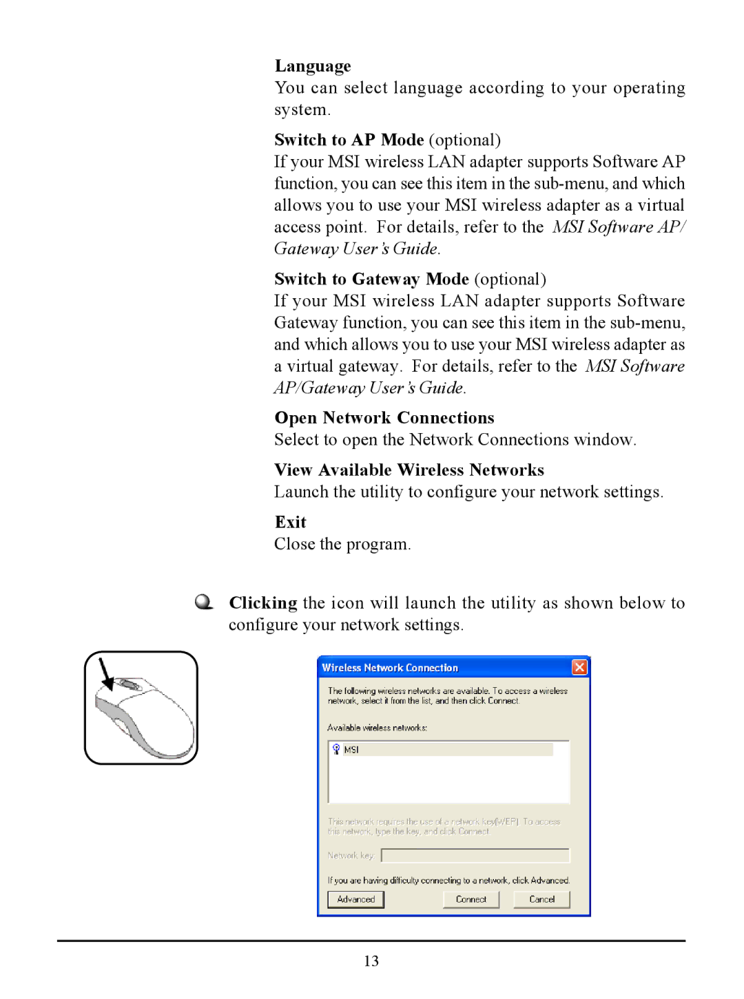 MSI US54G manual Language, Switch to AP Mode optional, Switch to Gateway Mode optional, Open Network Connections, Exit 