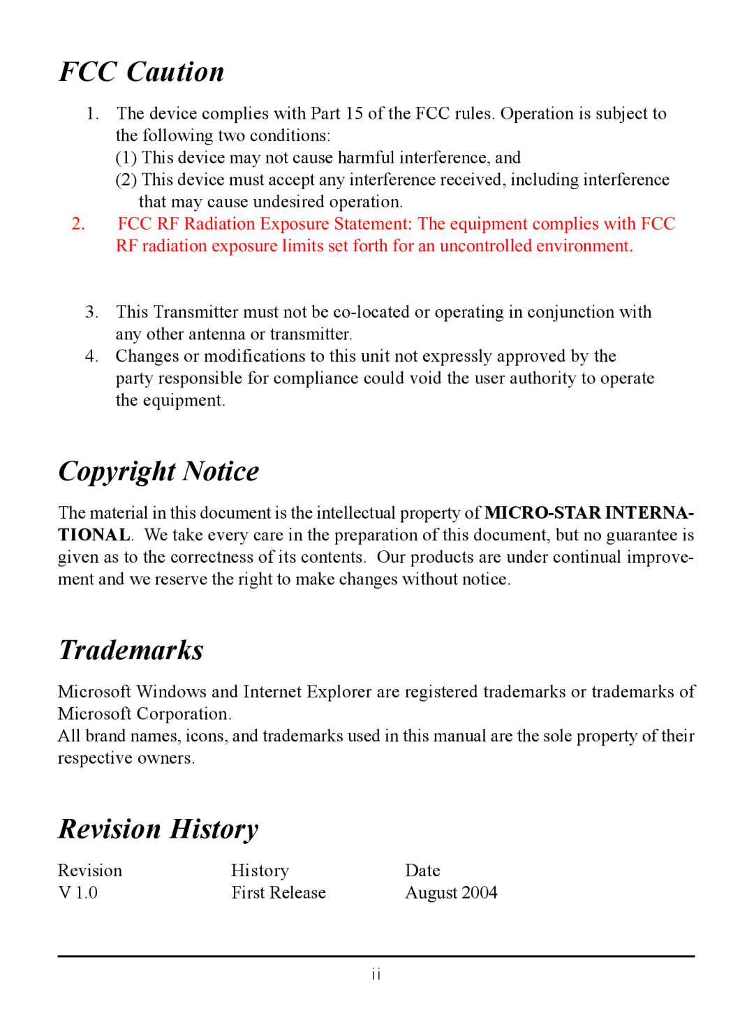 MSI US54G manual Revision History 