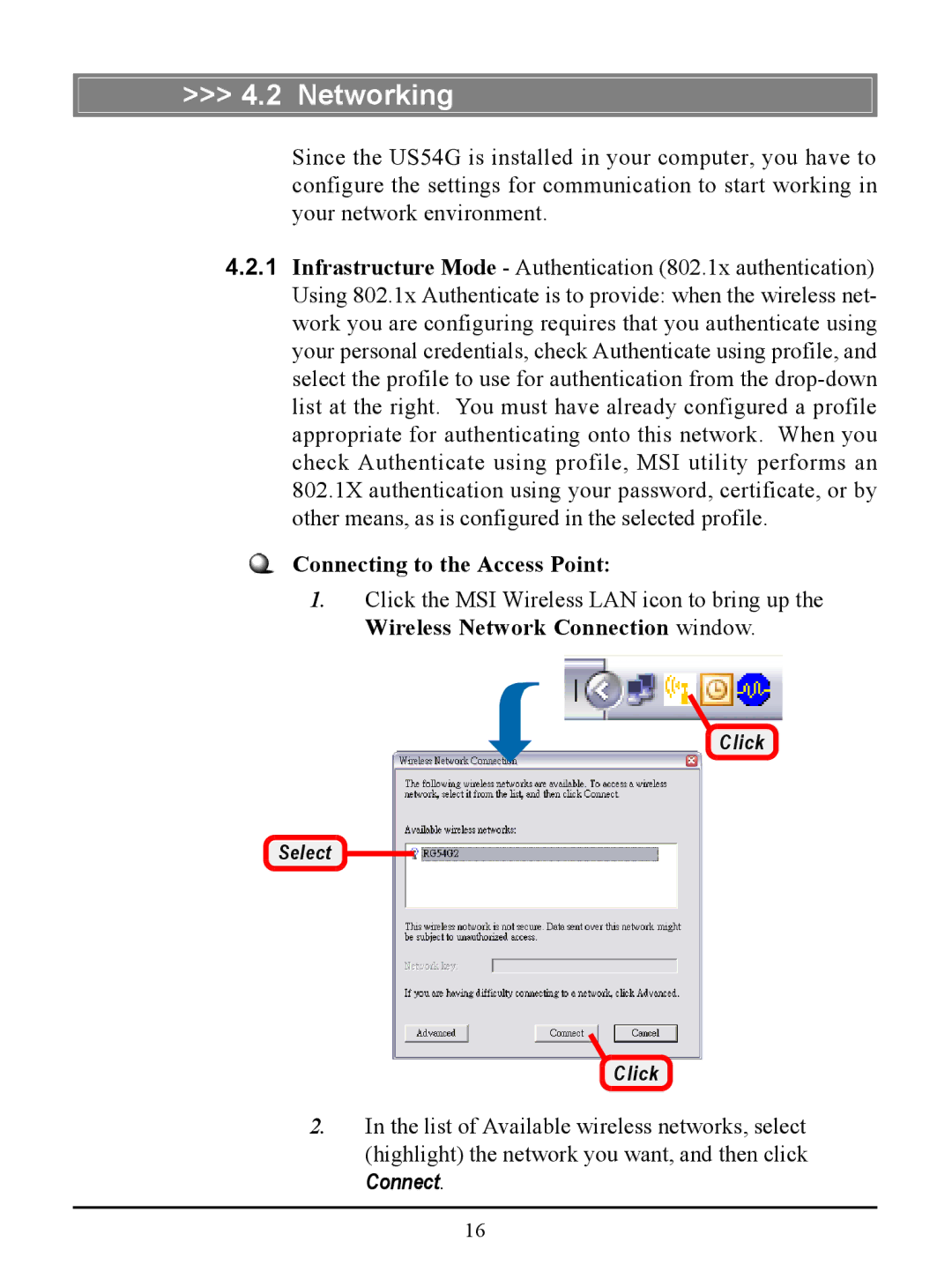 MSI US54G manual Networking, Connecting to the Access Point 