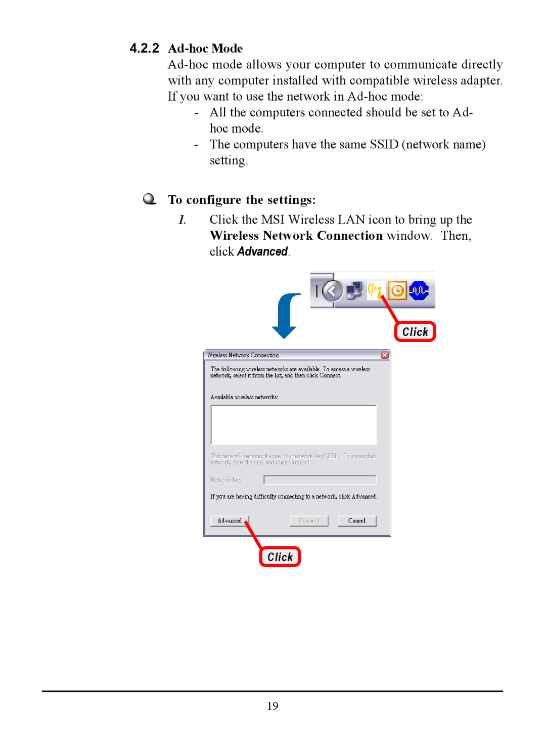 MSI US54G manual Ad-hoc Mode, To configure the settings 