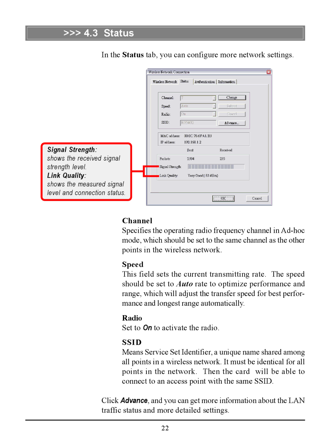 MSI US54G manual Status, Channel, Speed, Radio 