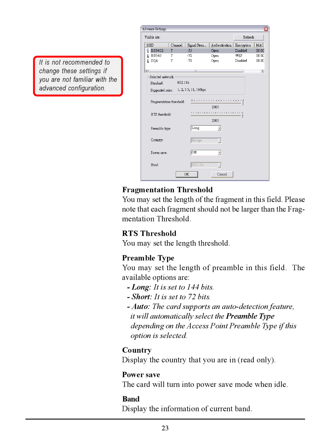 MSI US54G manual Fragmentation Threshold, RTS Threshold, Preamble Type, Country, Power save, Band 