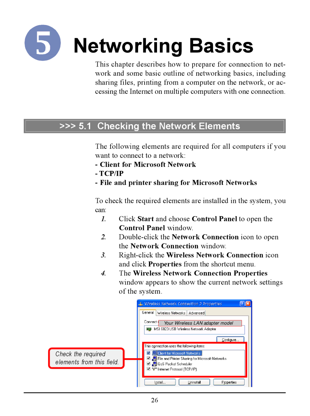 MSI US54G Checking the Network Elements, Client for Microsoft Network, File and printer sharing for Microsoft Networks 