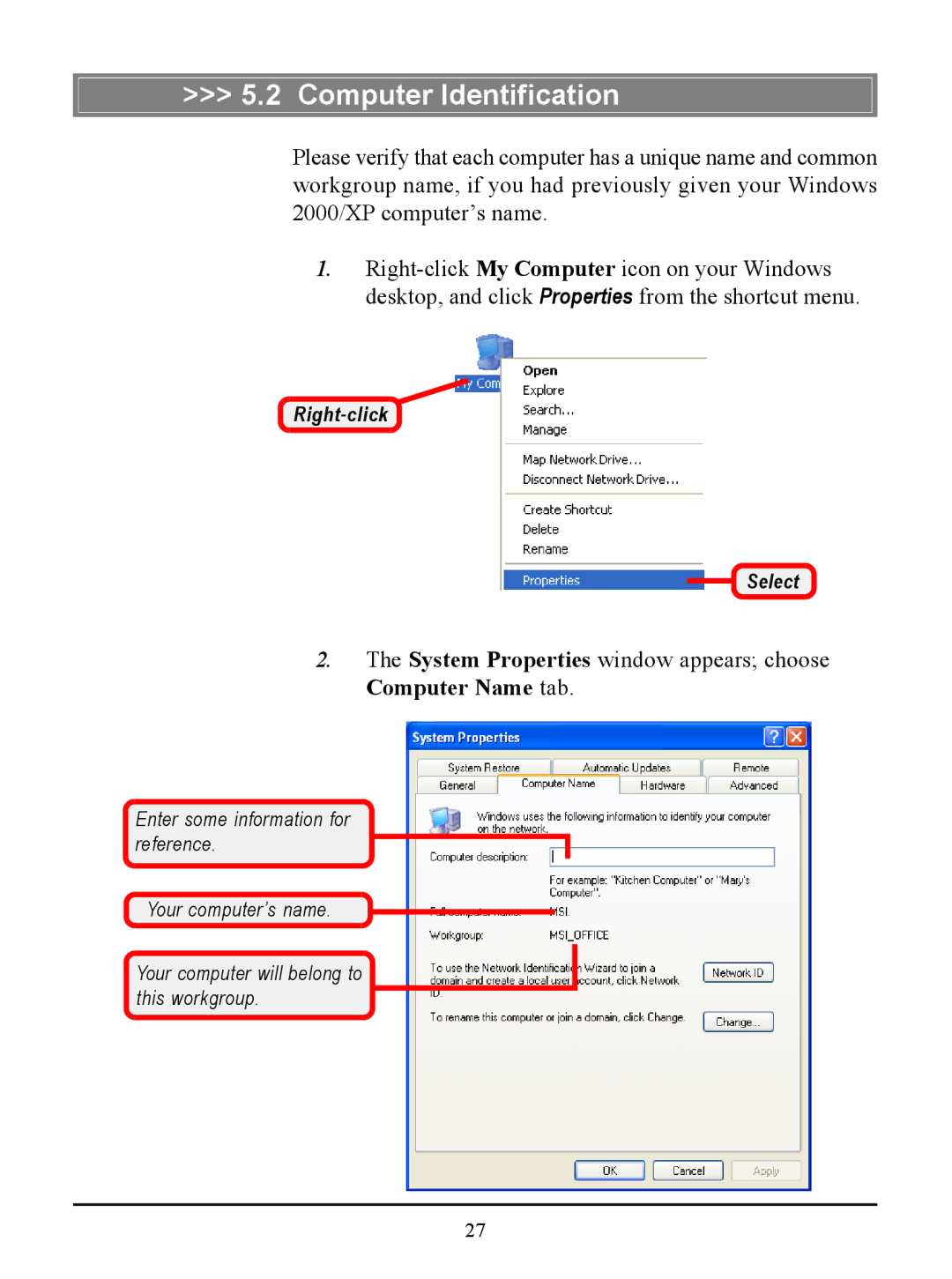 MSI US54G manual Computer Identification, System Properties window appears choose Computer Name tab 