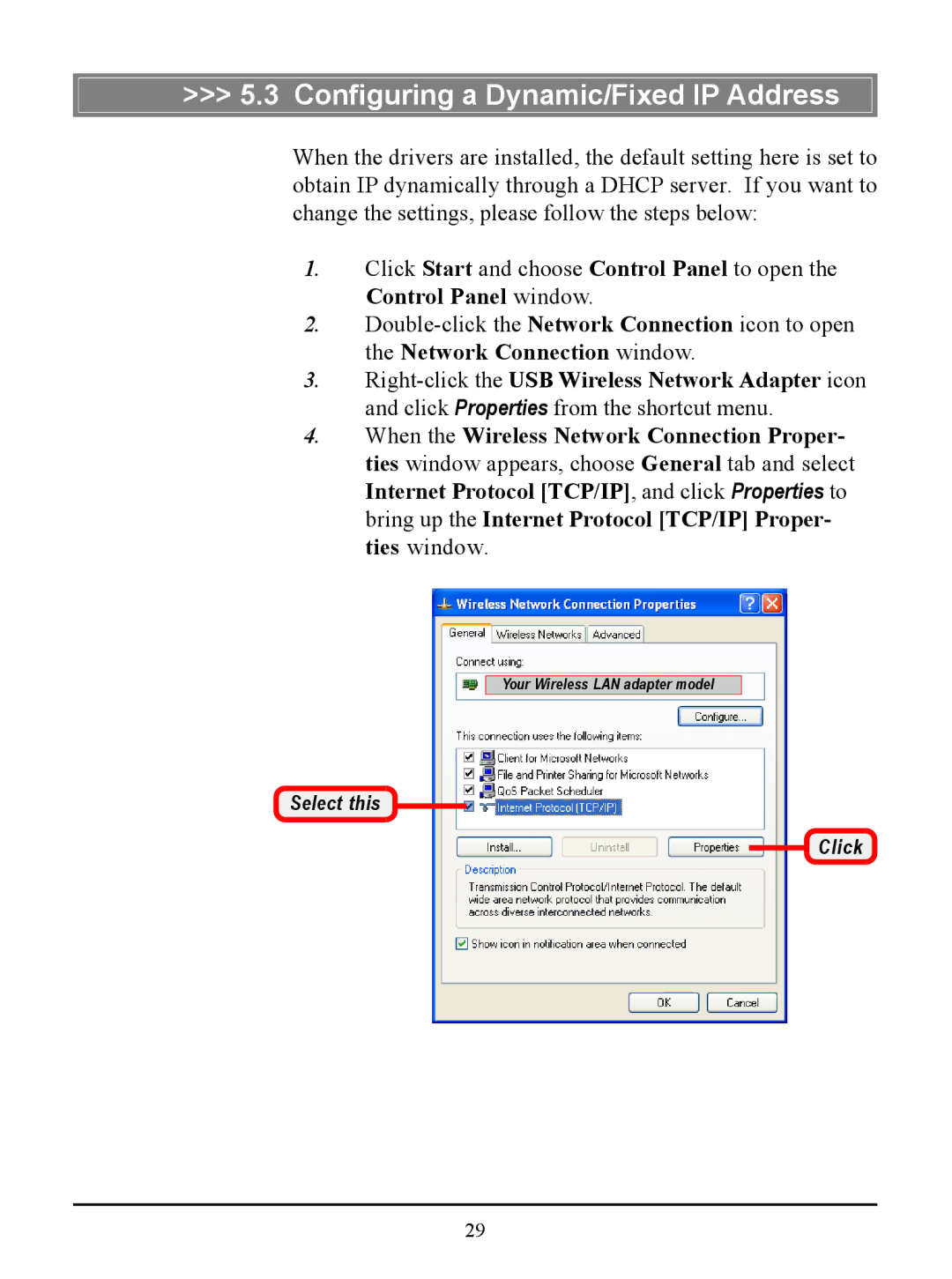 MSI US54G manual Configuring a Dynamic/Fixed IP Address 