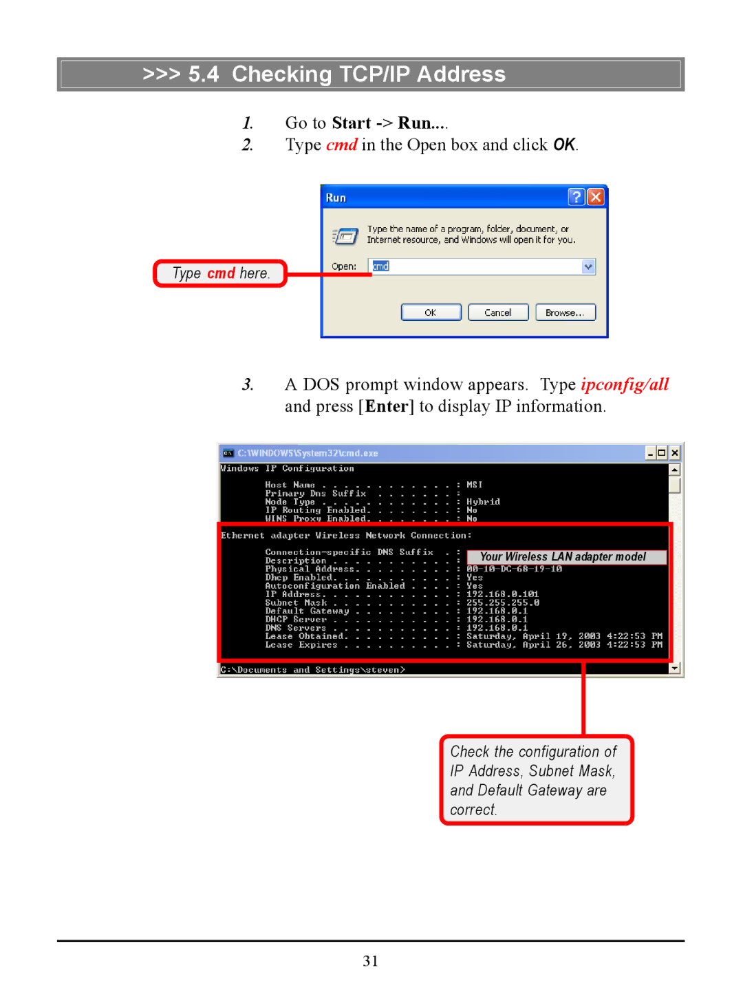 MSI US54G manual Checking TCP/IP Address, Go to Start Run 