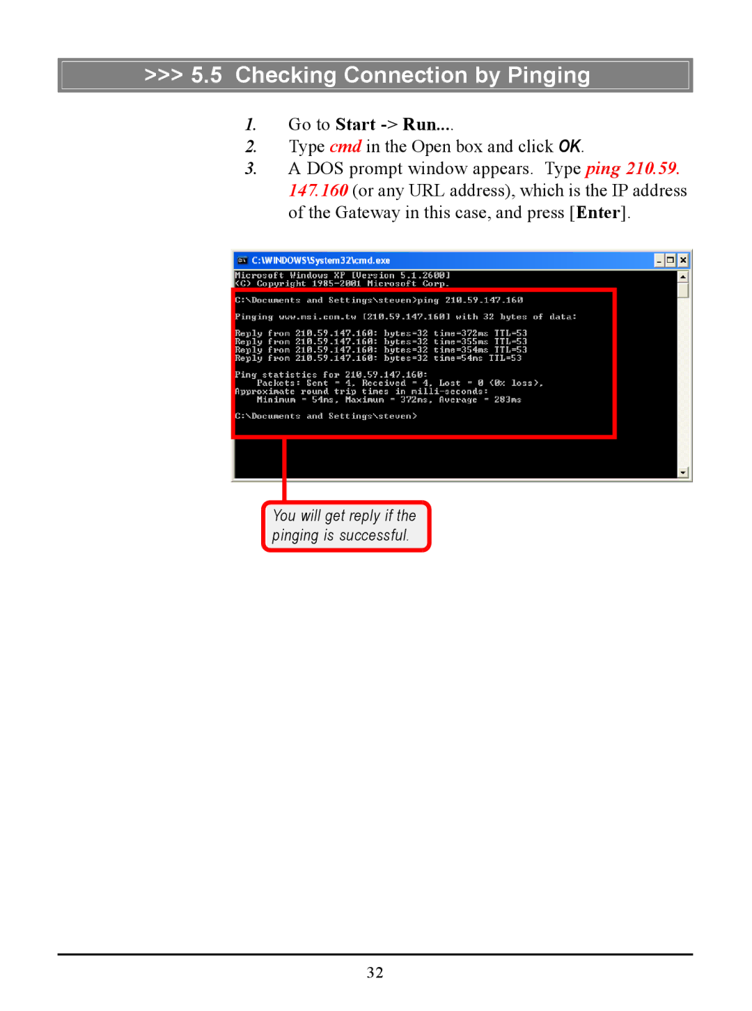 MSI US54G manual Checking Connection by Pinging 