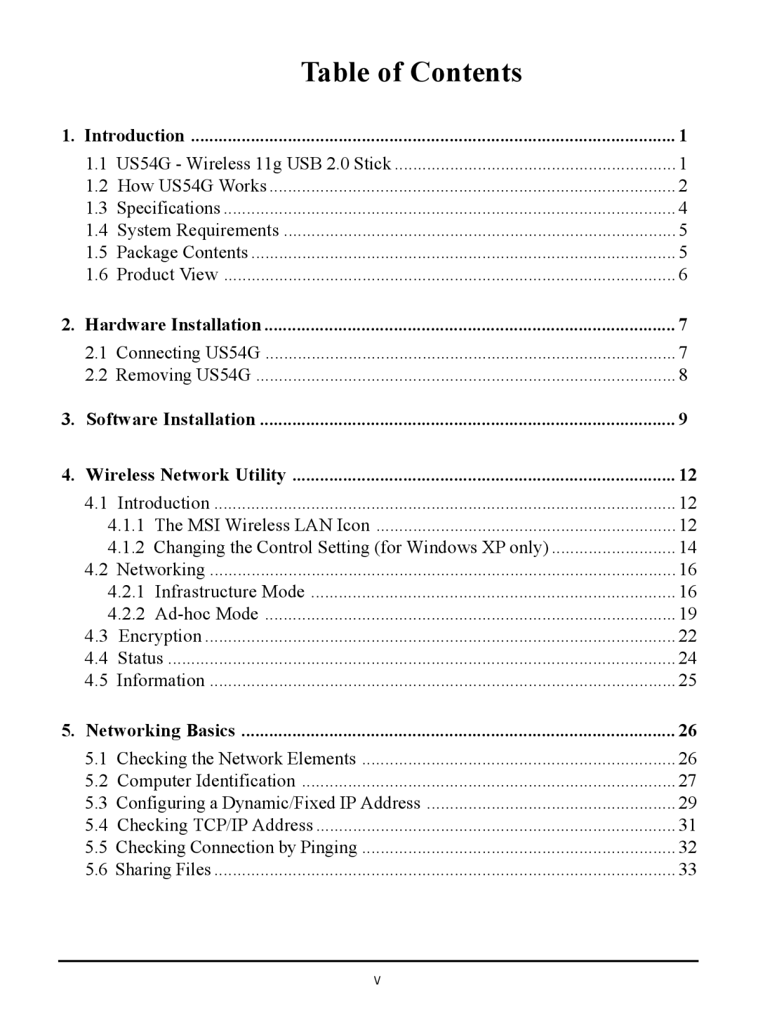 MSI US54G manual Table of Contents 