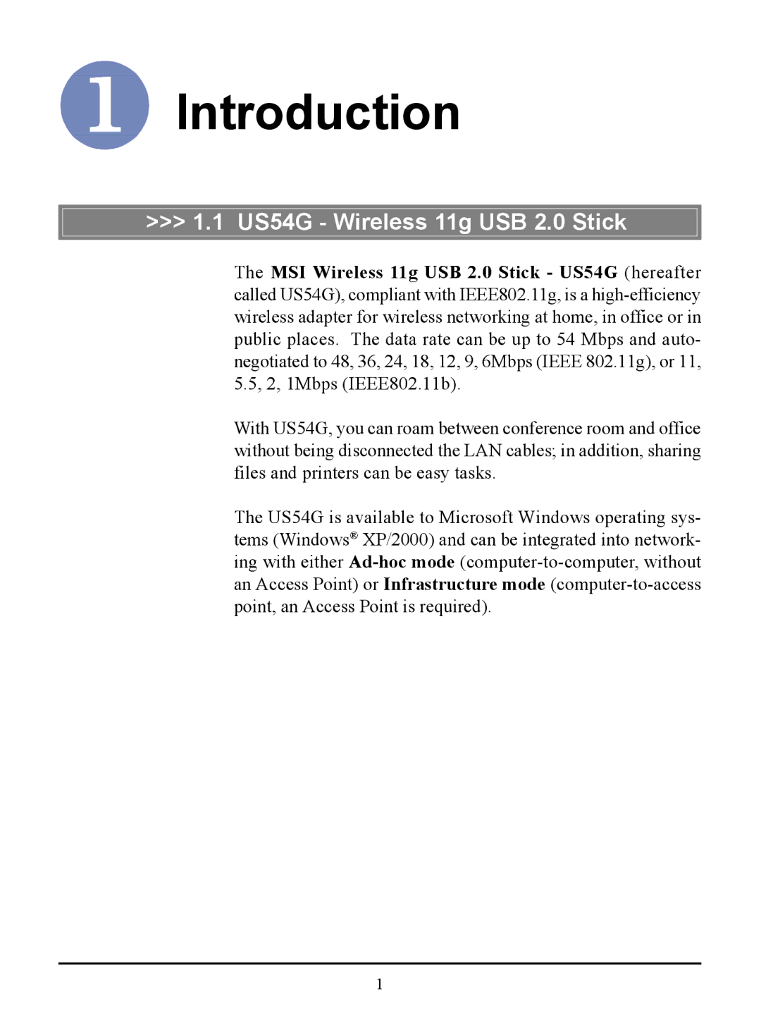 MSI manual Introduction, US54G Wireless 11g USB 2.0 Stick 