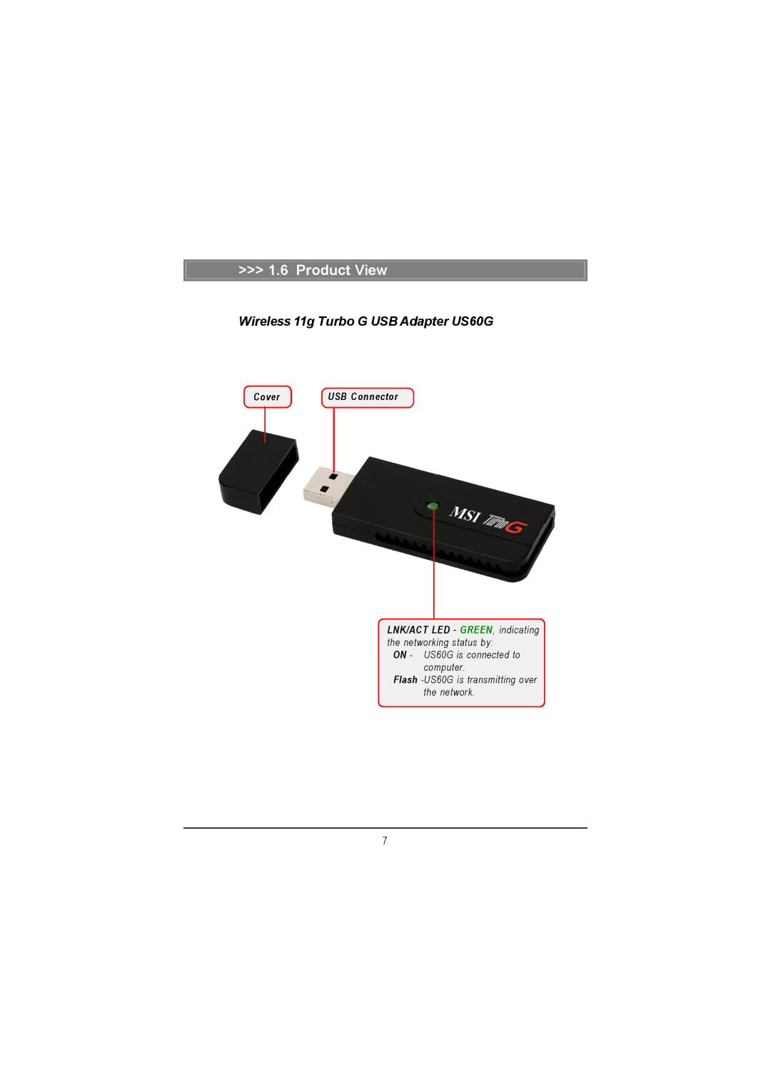 MSI manual Product View, Wireless 11g Turbo G USB Adapter US60G 