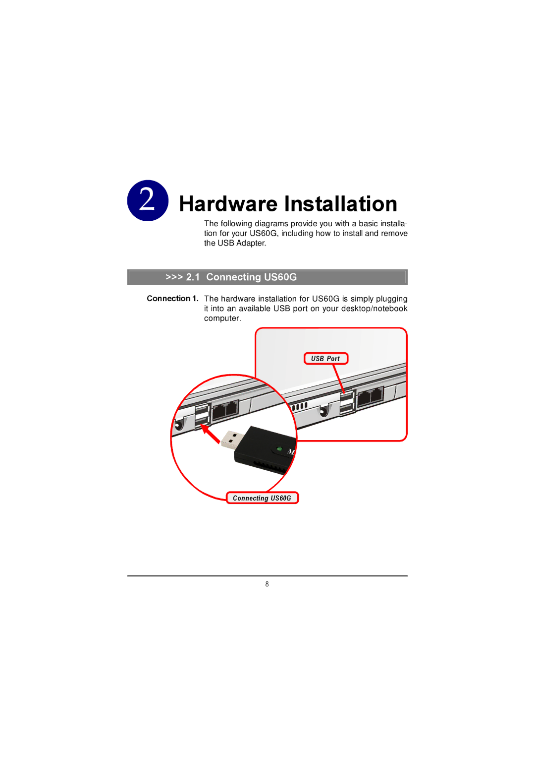 MSI manual Hardware Installation, Connecting US60G 