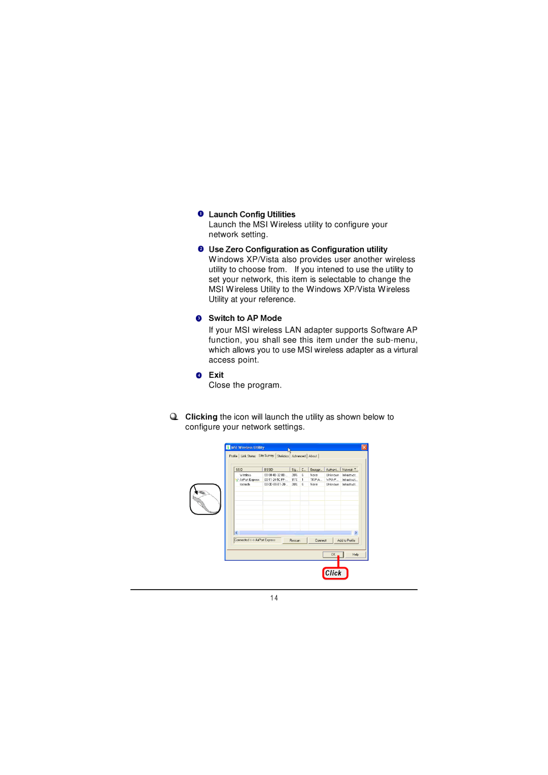 MSI US60G manual Launch Config Utilities, Exit 