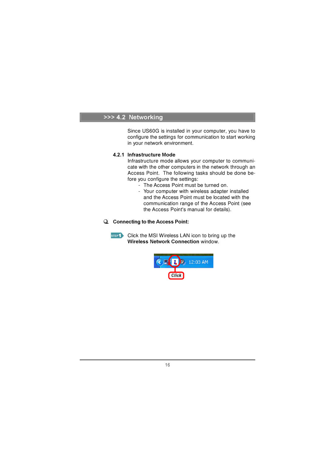 MSI US60G manual Networking, Infrastructure Mode, Connecting to the Access Point, Wireless Network Connection window 