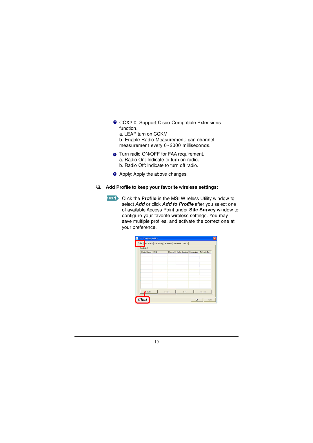 MSI US60G manual Add Profile to keep your favorite wireless settings 