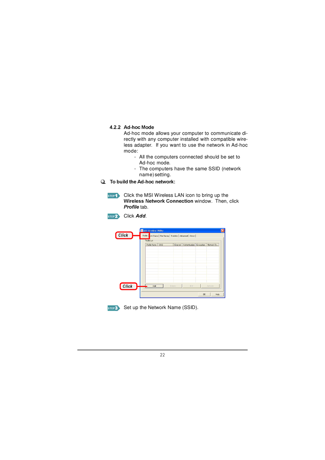 MSI US60G manual Ad-hoc Mode, To build the Ad-hoc network 