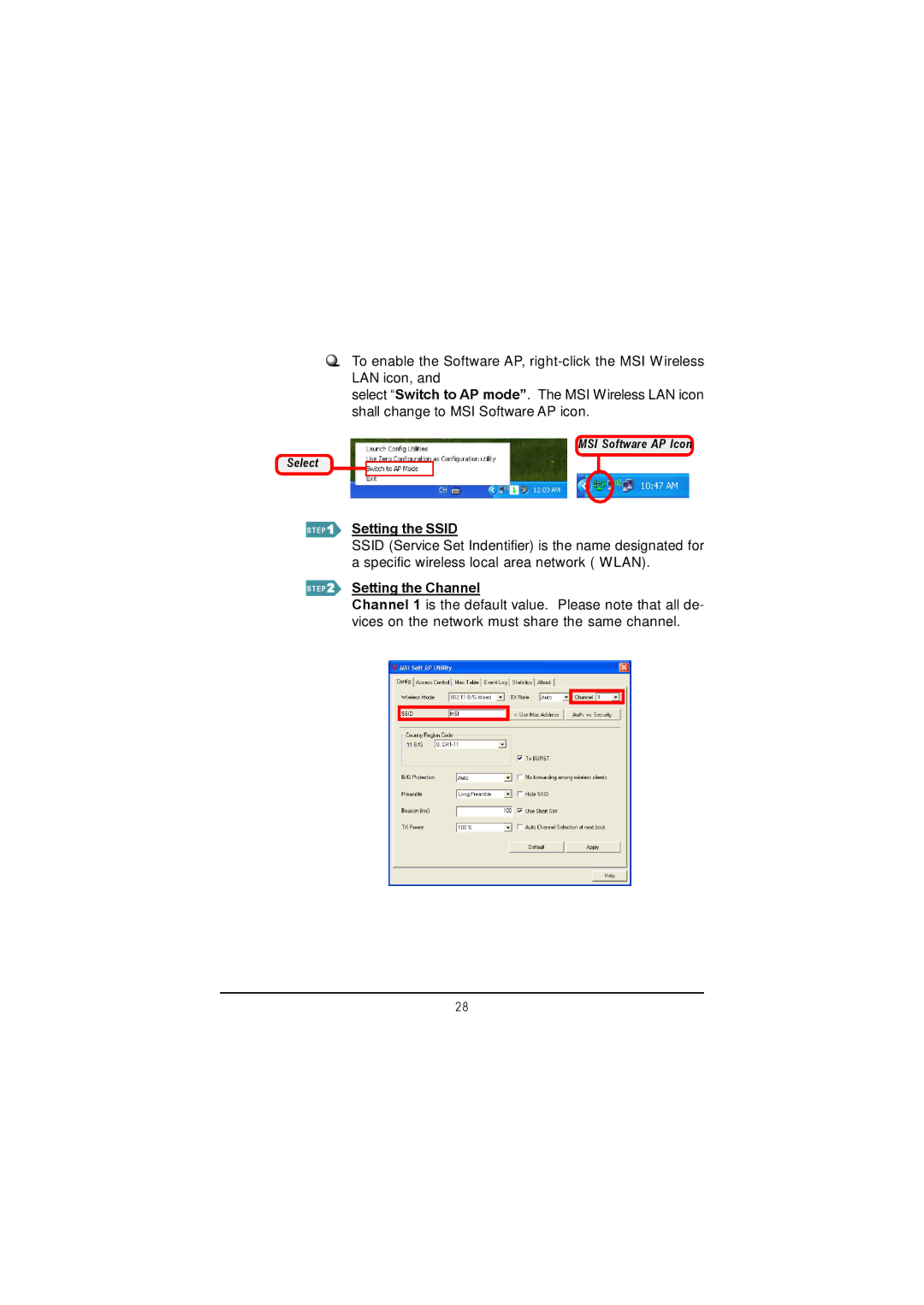 MSI US60G manual Setting the Ssid, Setting the Channel 