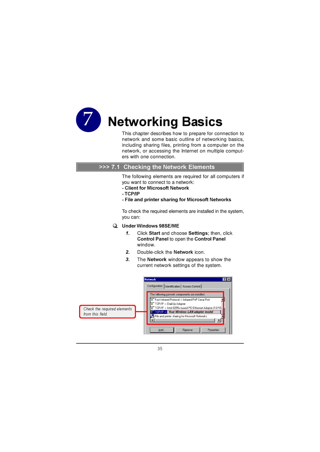 MSI US60G Checking the Network Elements, Client for Microsoft Network, File and printer sharing for Microsoft Networks 