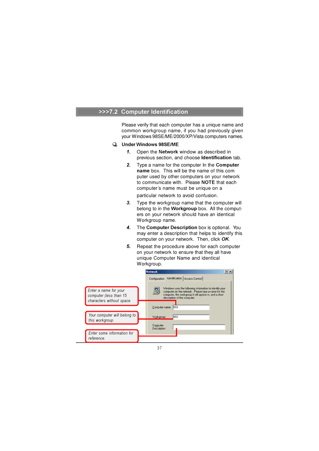 MSI US60G manual Computer Identification 