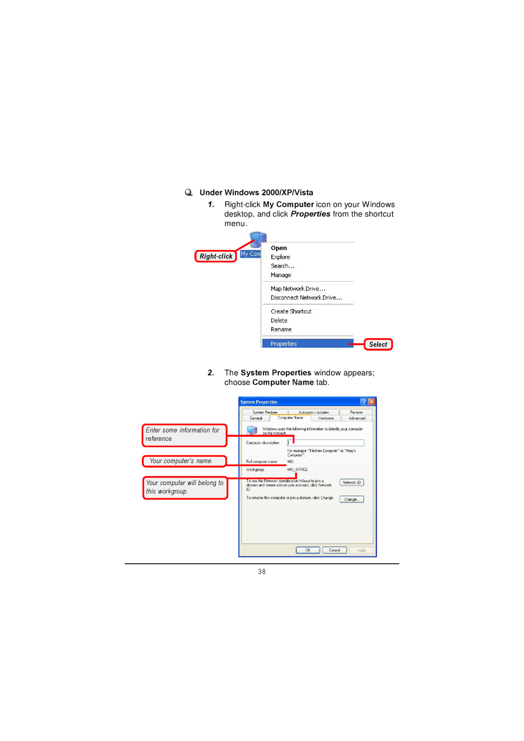 MSI US60G manual System Properties window appears choose Computer Name tab 