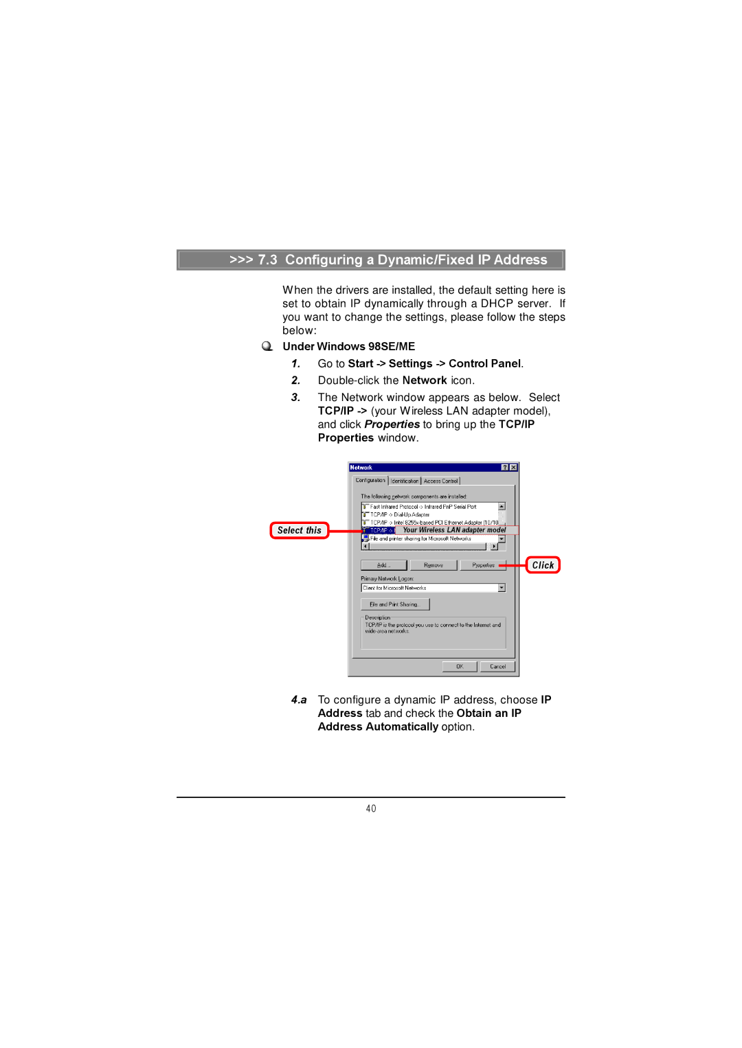 MSI US60G manual Configuring a Dynamic/Fixed IP Address, Under Windows 98SE/ME Go to Start Settings Control Panel 