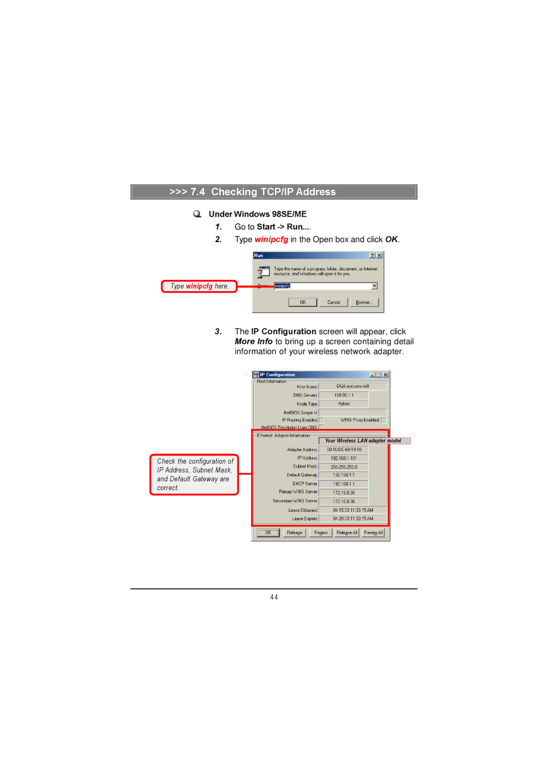 MSI US60G manual Checking TCP/IP Address, Under Windows 98SE/ME Go to Start Run 