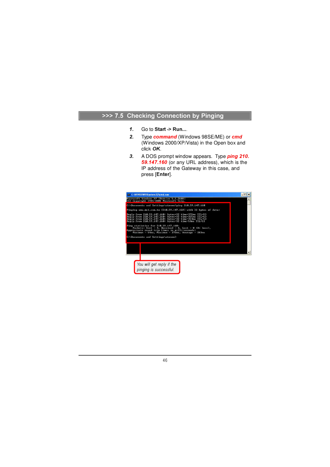 MSI US60G manual Checking Connection by Pinging 