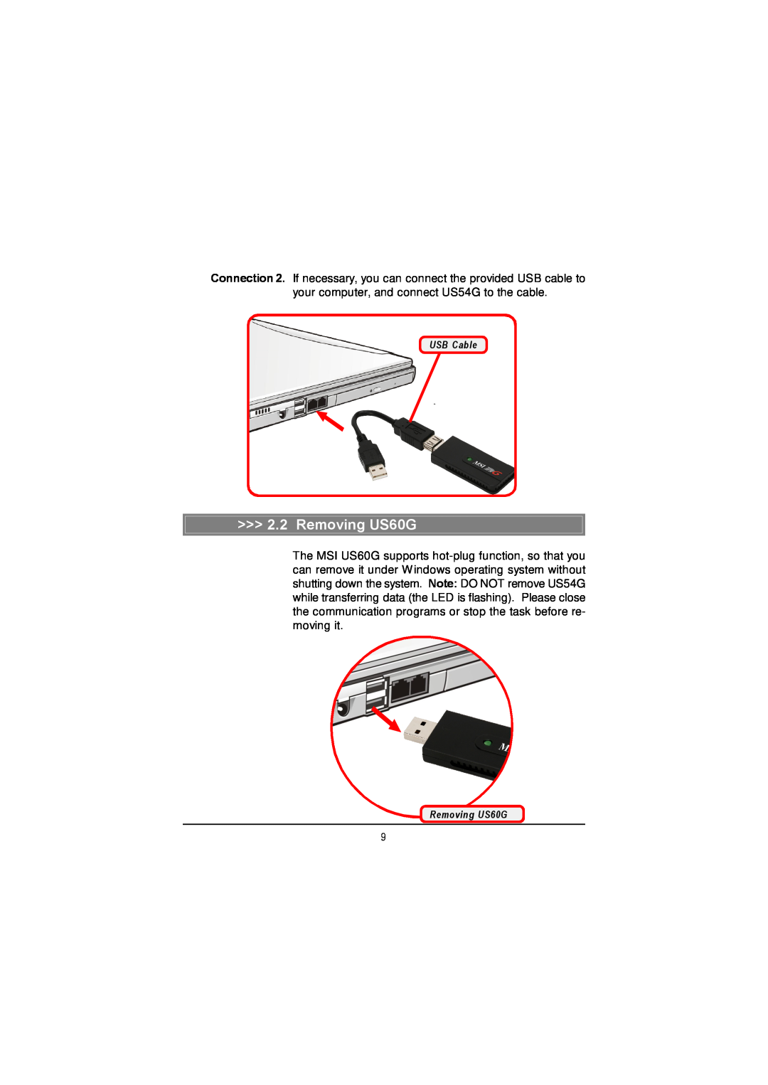 MSI manual Removing US60G, USB Cable 