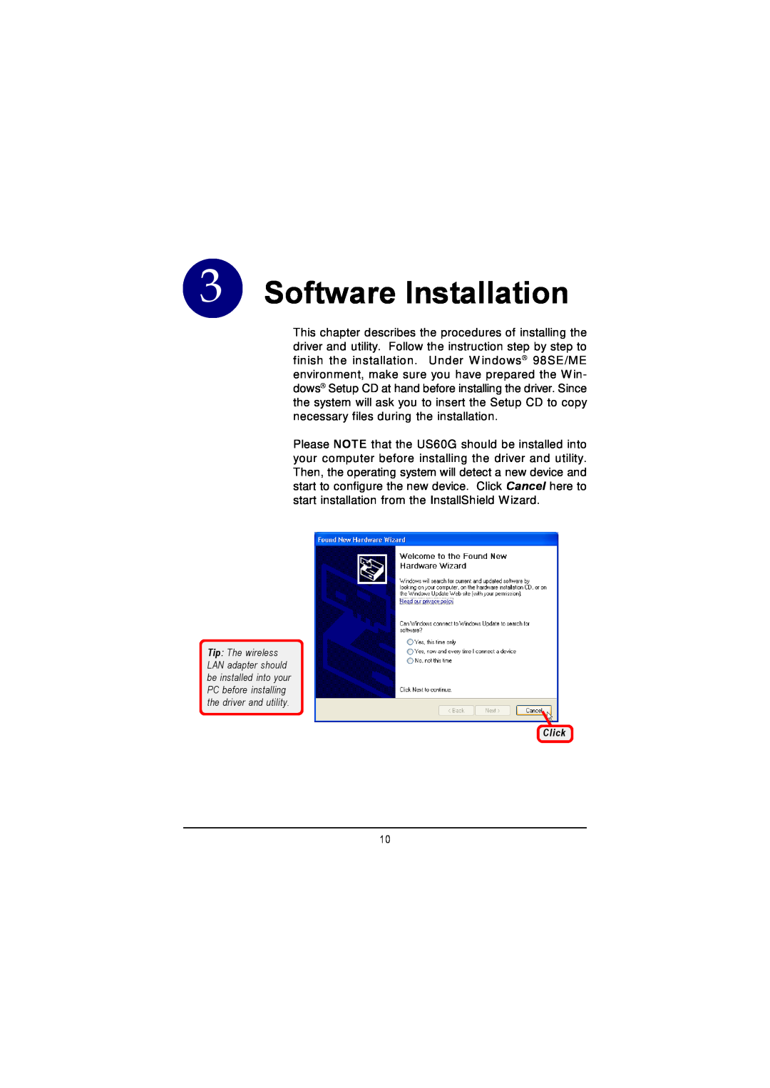 MSI US60G manual Software Installation, Click 