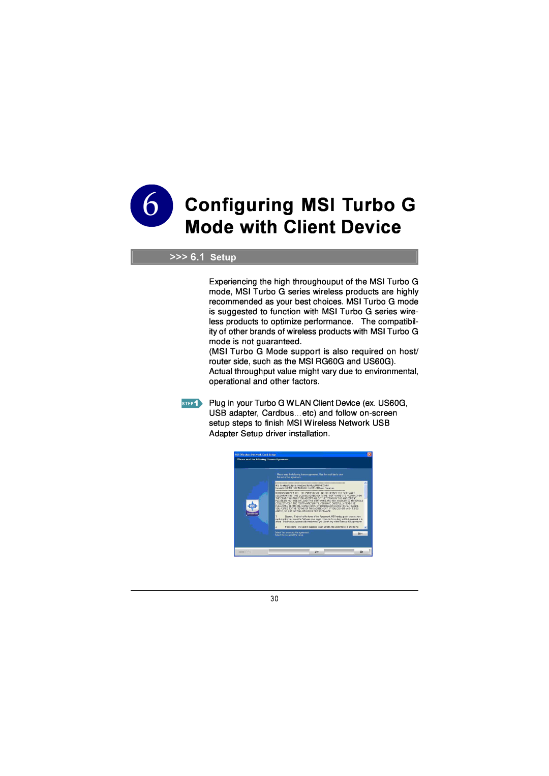 MSI US60G manual Setup, Configuring MSI Turbo G Mode with Client Device 