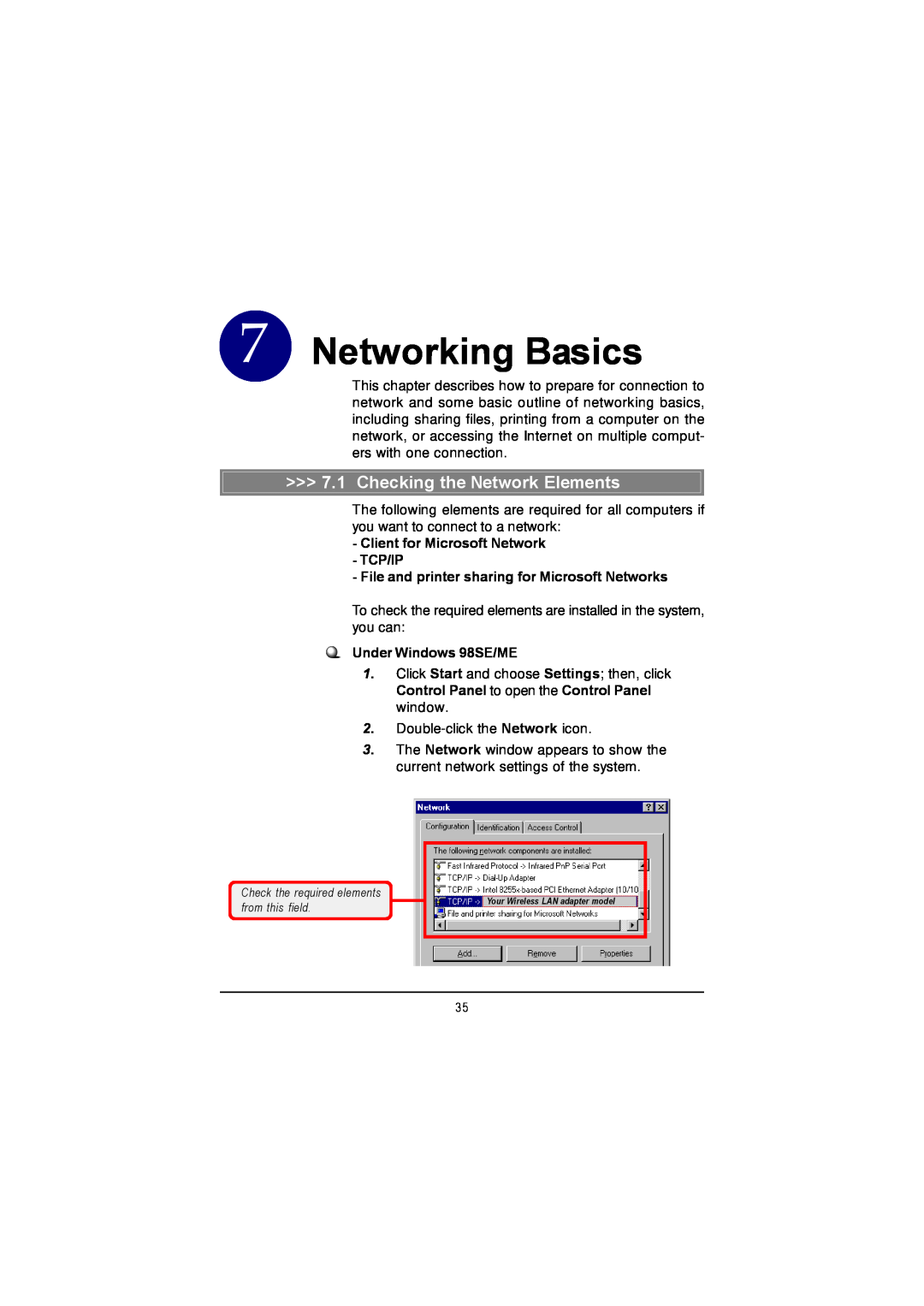 MSI US60G Networking Basics, Checking the Network Elements, Client for Microsoft Network TCP/IP, Under Windows 98SE/ME 