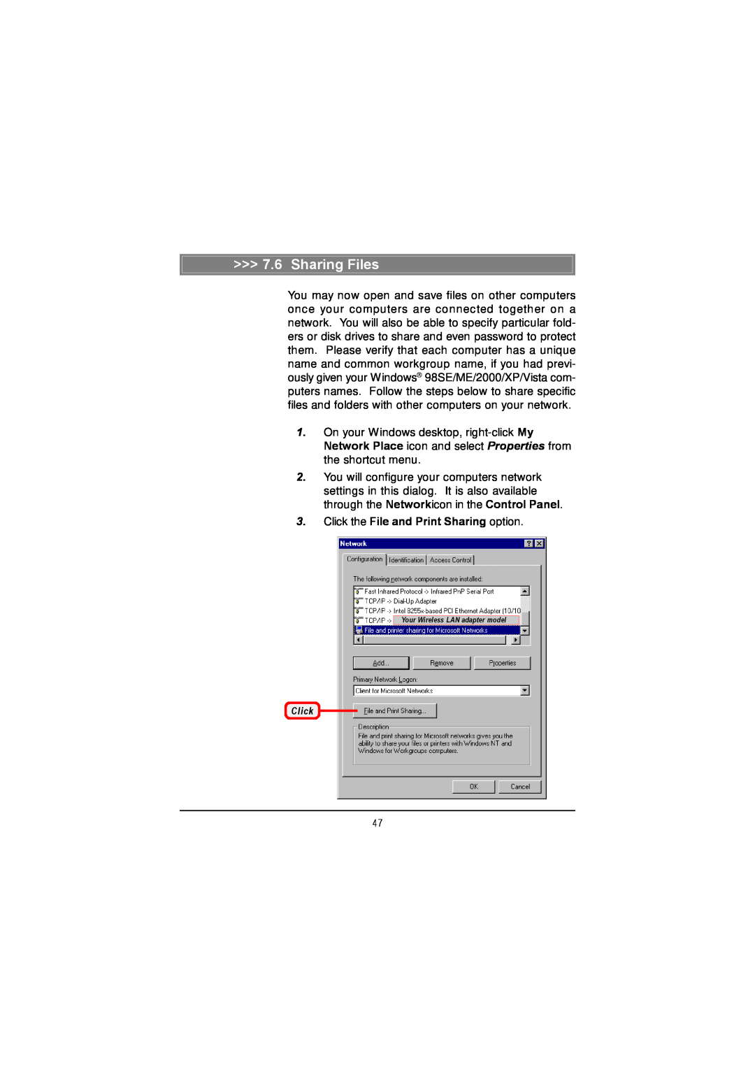 MSI US60G manual Sharing Files, Click the File and Print Sharing option 