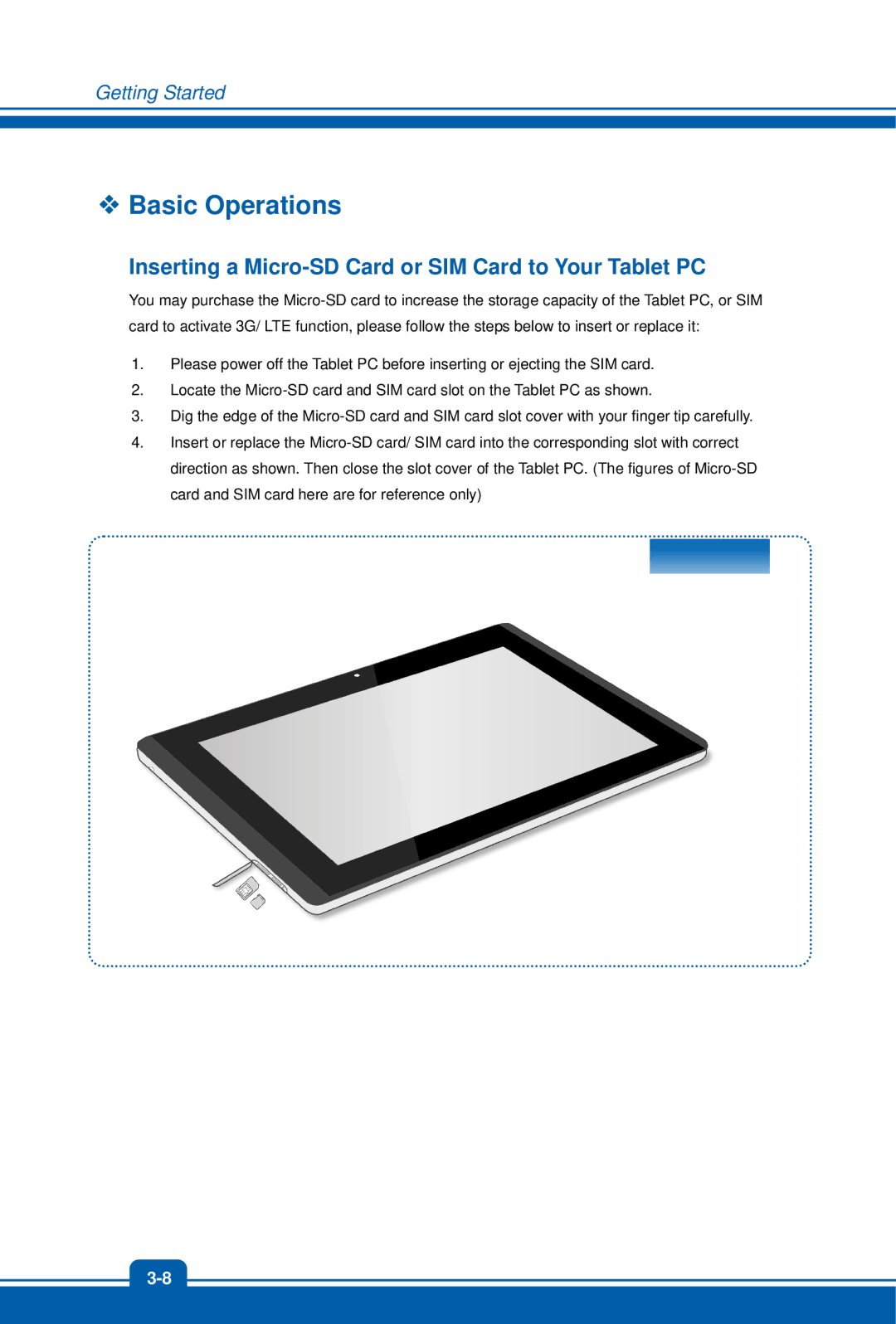 MSI W20 3M manual  Basic Operations, Inserting a Micro-SD Card or SIM Card to Your Tablet PC 