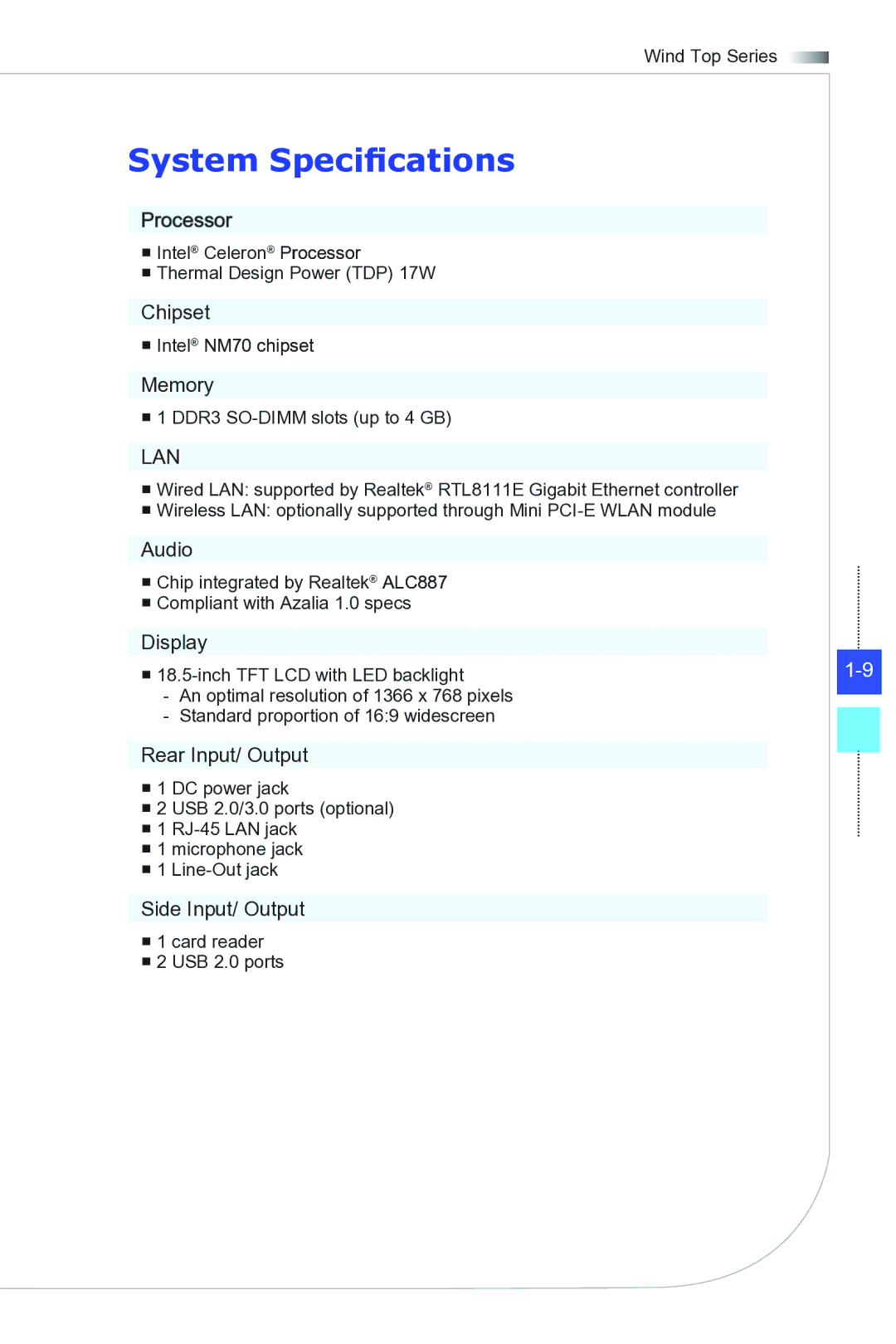 MSI Wind-Top-AE1941 manual System Specifications, Lan 